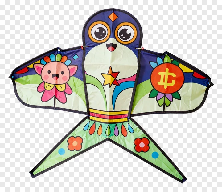 A colorful paper kite shaped like an owl with big eyes and floral designs.