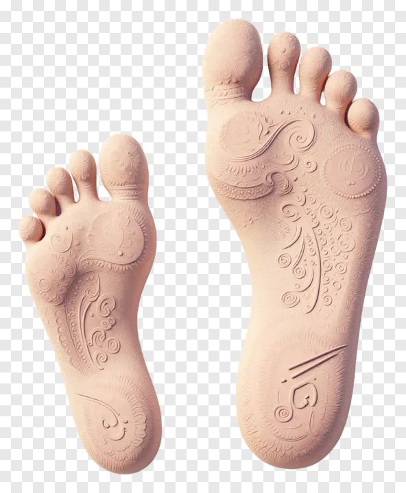 Two feet with intricate embossed designs on the soles.