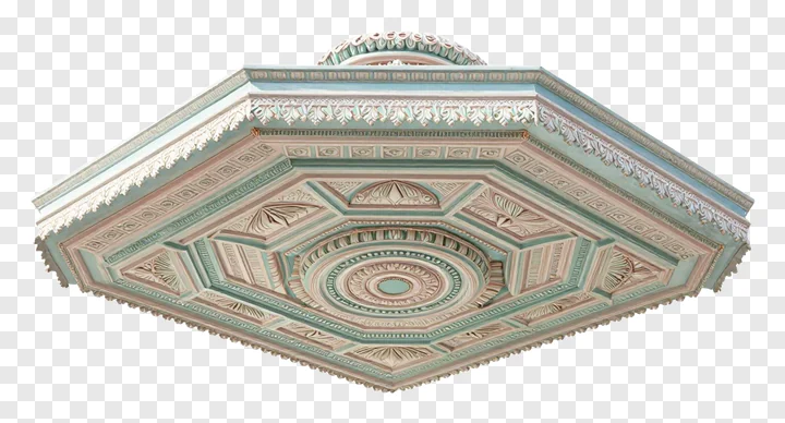 An ornate pandal ceiling with pastel colors and carved patterns.