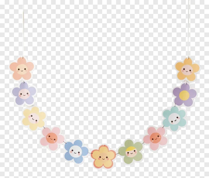 A string of smiling pastel paper flowers.