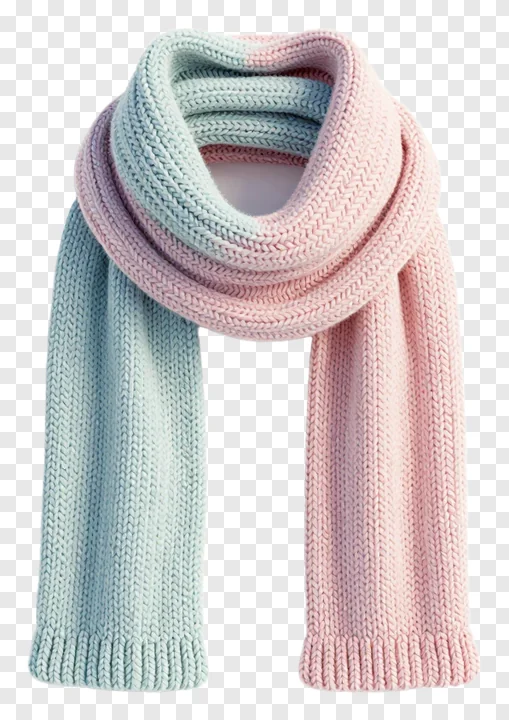 A pastel pink and blue knitted scarf draped in a loop.