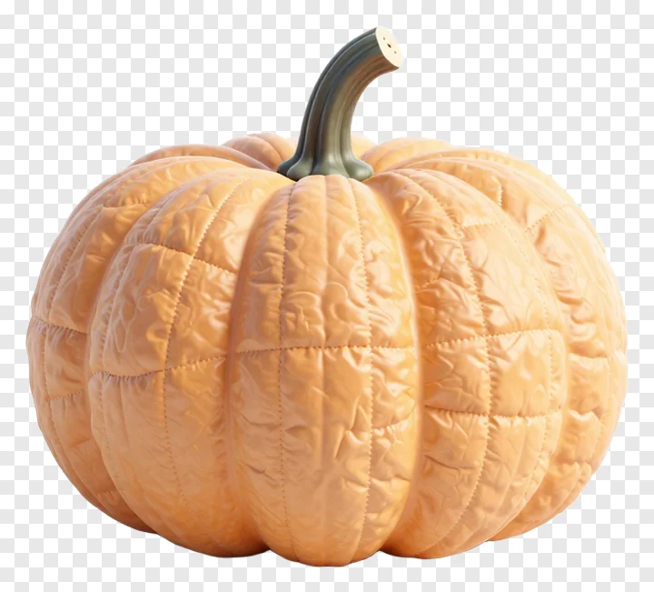 A quilted orange pumpkin with a green stem.