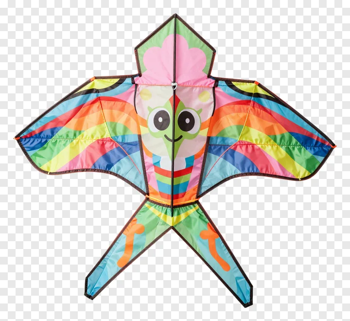 A colorful kite with a cartoon face and rainbow stripes.