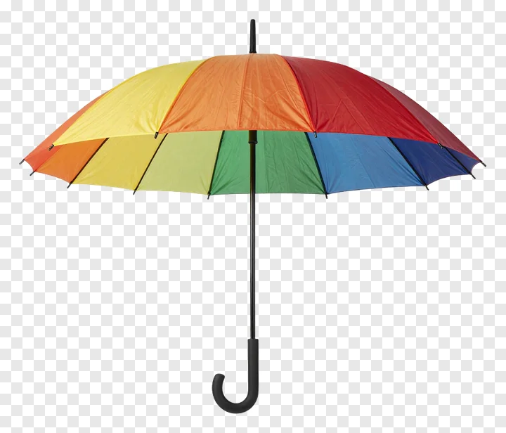 Open rainbow umbrella with curved handle.
