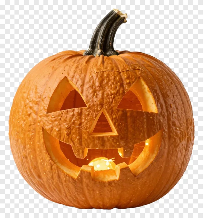 A carved jack-o-lantern pumpkin with a textured rind and glowing face.