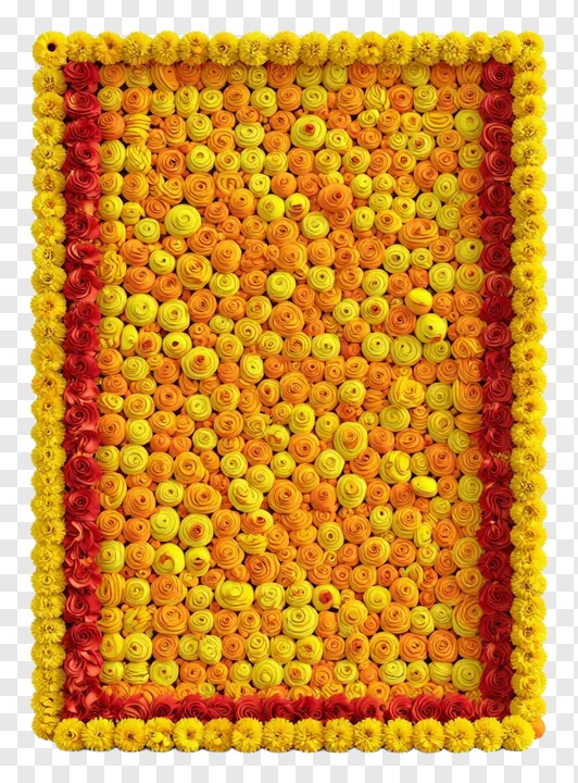 Rectangular floral panel with gradient yellow-orange flowers and red-yellow borders.