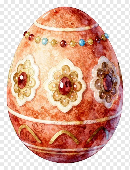 A decorated Easter egg with red and gold floral designs and beads.