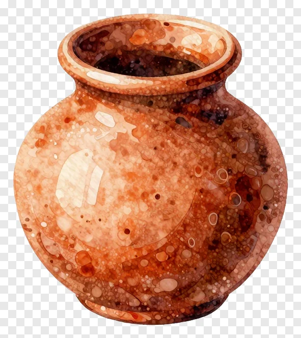 Saffron-colored ceramic kumkum pot with speckled texture.