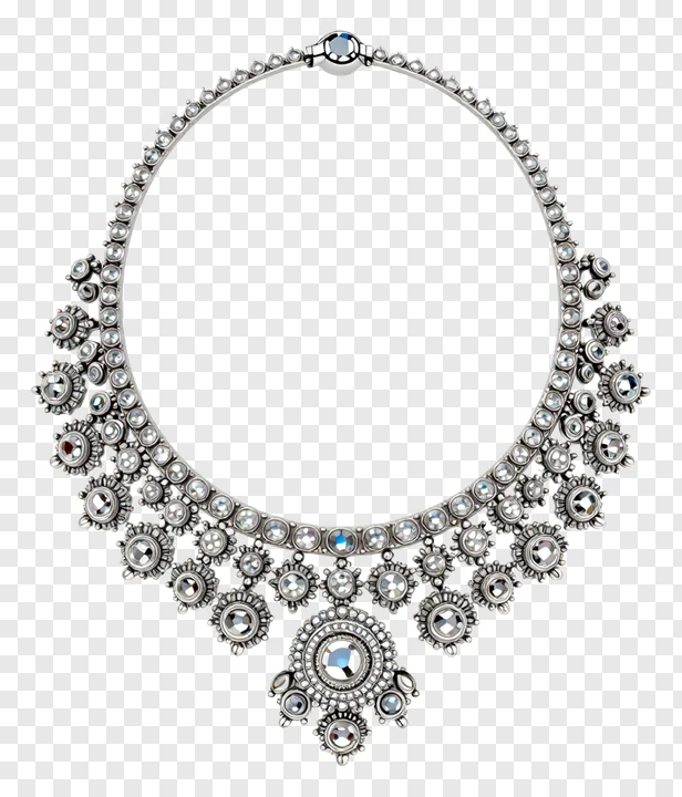 Silver necklace with detailed gemstone settings and a central pendant.