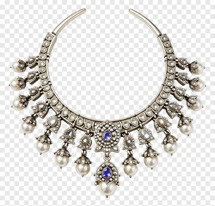 Silver necklace with pearls and blue stone pendant.