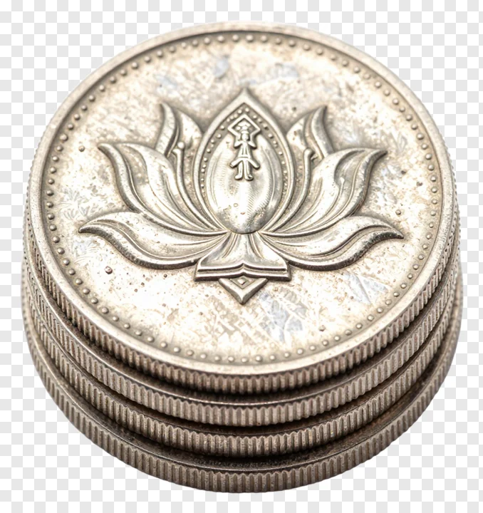 Stack of silver coins with lotus design.