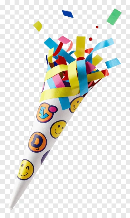 A party popper cone with smiley faces releasing confetti.