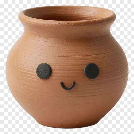 A terracotta clay pot with a smiling face.