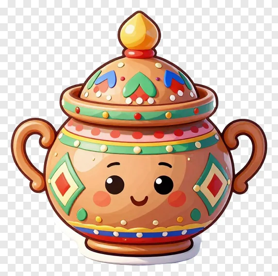 A decorated karwa pot with a smiling face and geometric patterns.