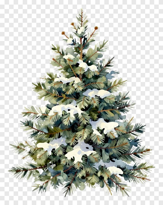 A snow-dusted evergreen tree in watercolor style.
