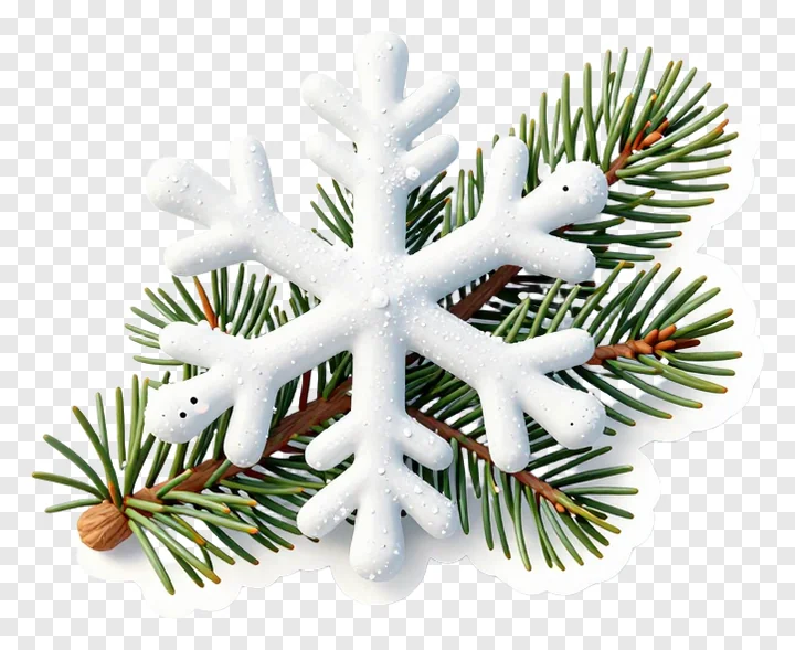A white snowflake on a pine branch.