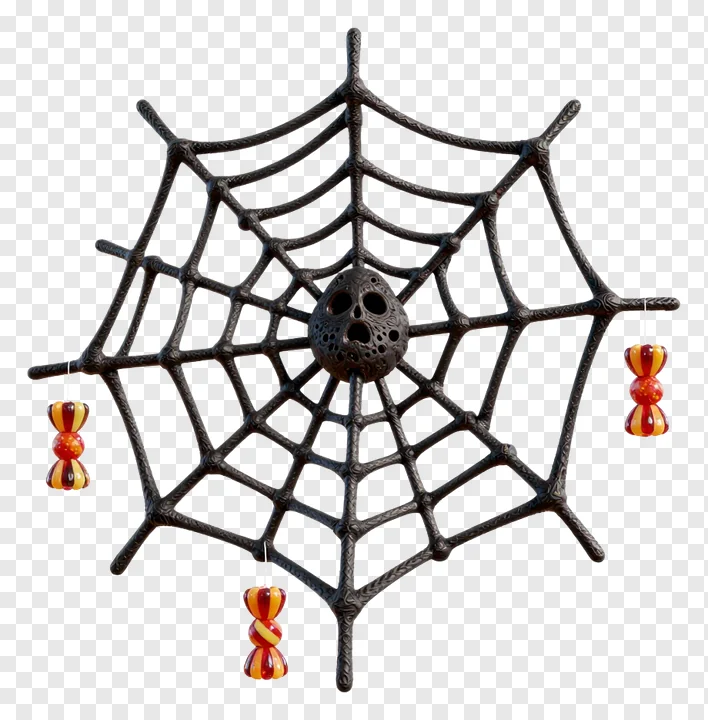 A spooky spiderweb with a skull in the center and candy hanging from it.