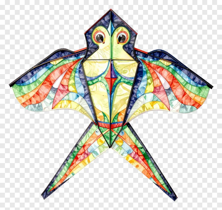 Colorful bird-shaped paper kite with stained glass design.