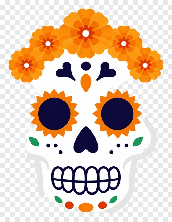 Sugar skull decorated with orange marigolds.