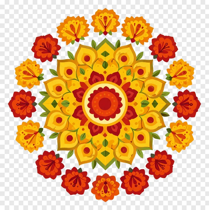 A colorful, symmetrical floral mandala with orange and yellow flowers.