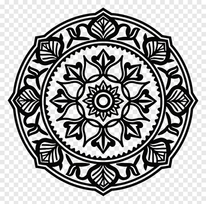 A black and white symmetrical mandala with intricate floral patterns.