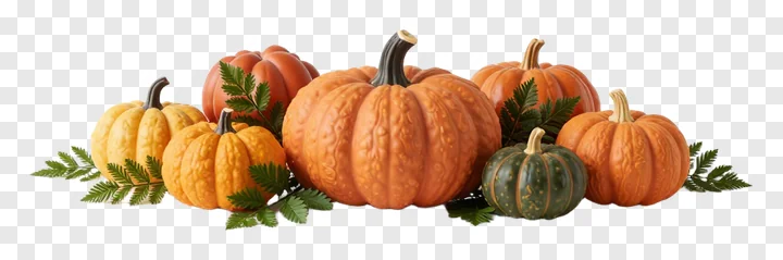 A cluster of ceramic pumpkins with textured surfaces and ferns.