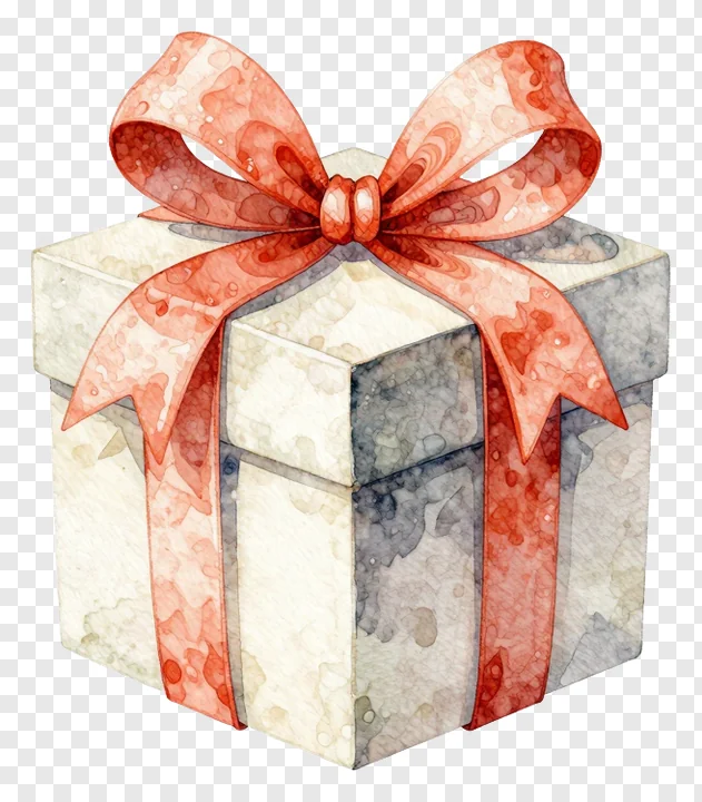 A watercolor gift box with a red bow.