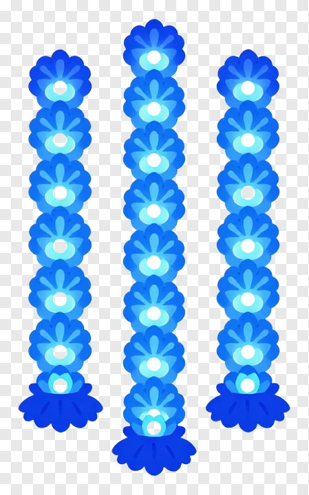 Three vertical strands of blue floral garlands.