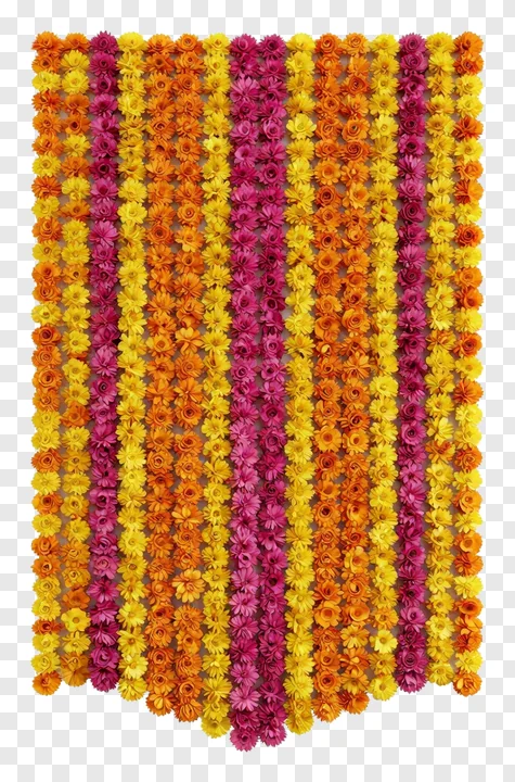 A wall covered in vertical stripes of orange and magenta flowers.