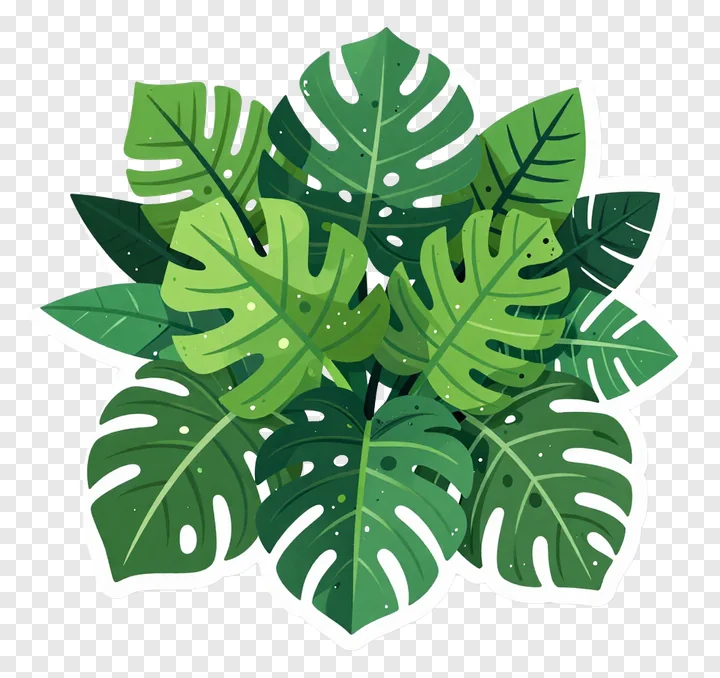 A cluster of vibrant green tropical leaves.