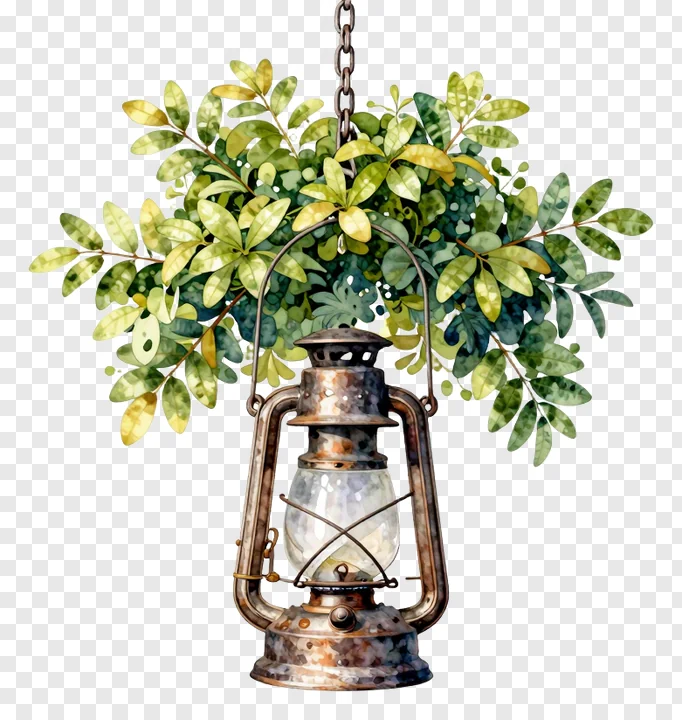 Hanging vintage metal lantern with green foliage.