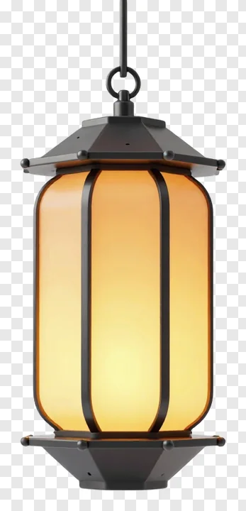 Hanging lantern with amber glass and dark metal frame.