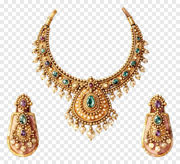 A Bengali gold jewelry set featuring a teardrop pendant necklace and earrings.