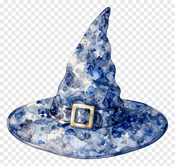 A blue watercolor witch hat with a gold buckle.