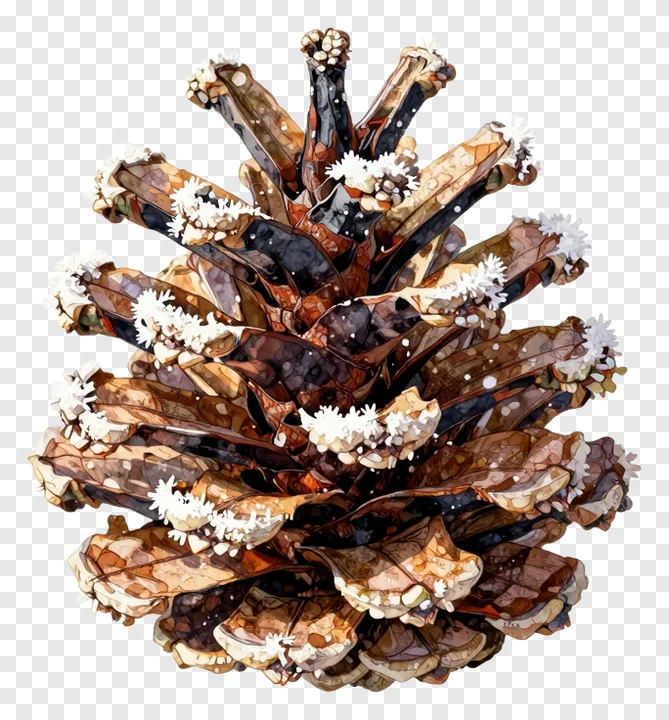 A bronze-colored pinecone covered in frost.