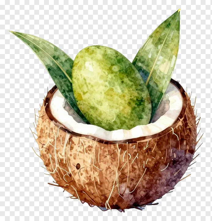 A watercolor coconut kalash with mango leaves and a green fruit.