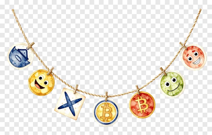 A jute garland with watercolor cryptocurrency and emoji charms.