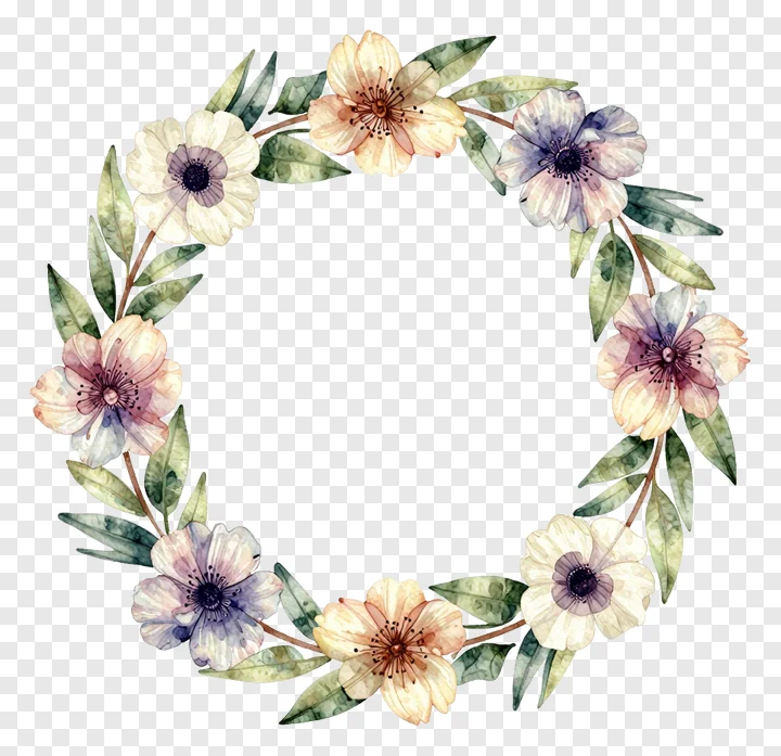 A circular wreath made of watercolor flowers and leaves.
