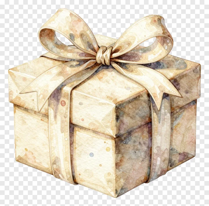 A watercolor gift box with a beige bow.