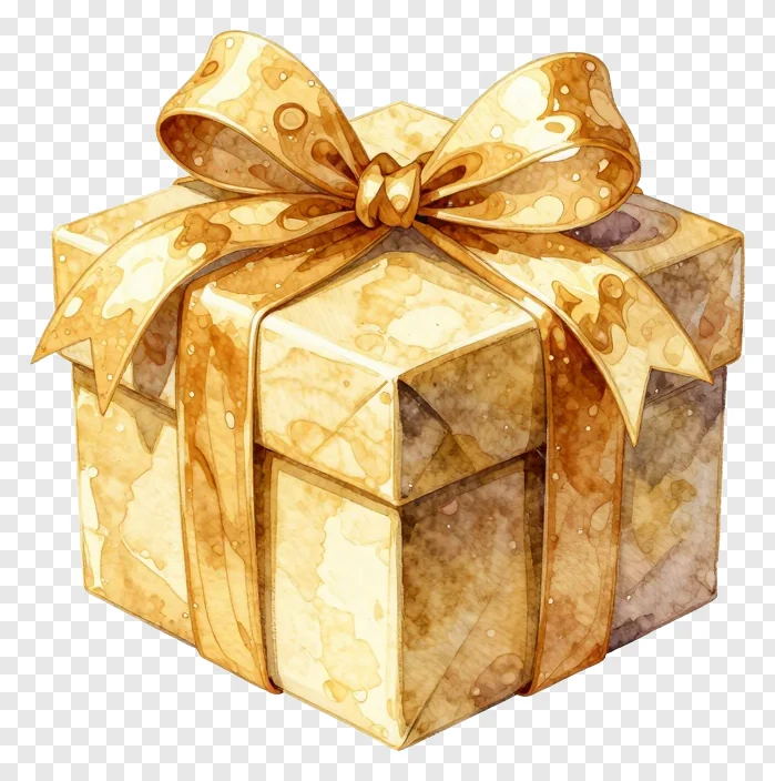 A watercolor-style gift box with a gold bow.