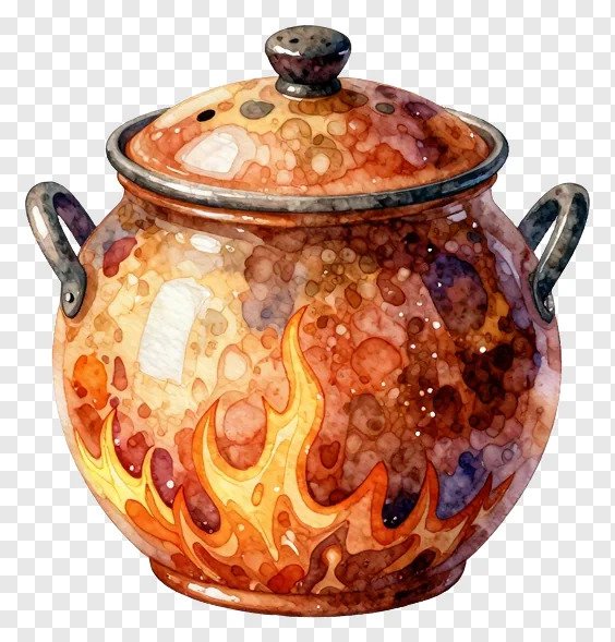 A watercolor-style homa fire pot with flame designs.