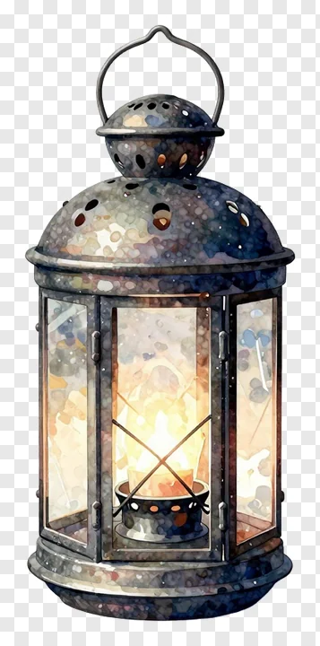 A watercolor-style lantern with a speckled metal body and lit candle.