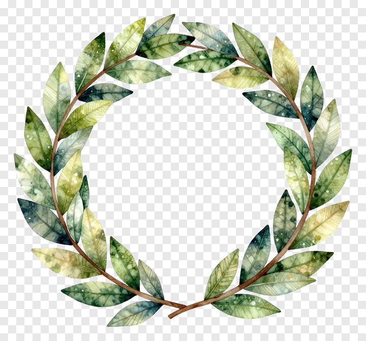 A circular wreath of green leaves with watercolor effect.
