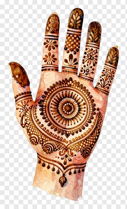 Hand decorated with detailed brown mehndi designs in watercolor style.