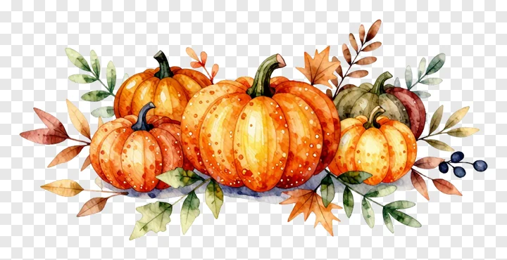 A watercolor painting of pumpkins and fall leaves in a garland arrangement.