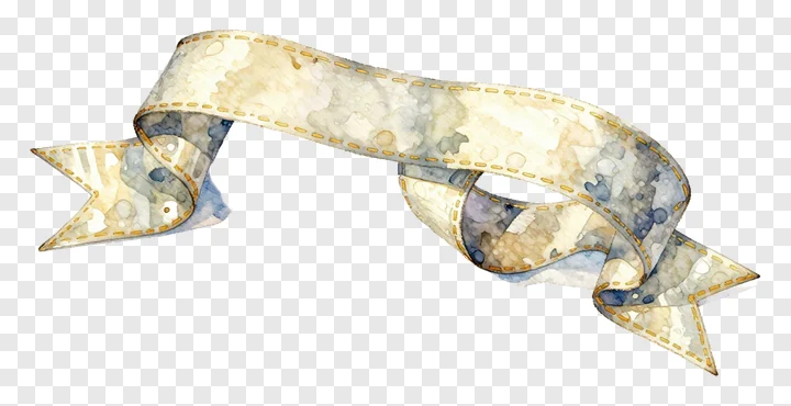 A watercolor-style ribbon with gold stitching.