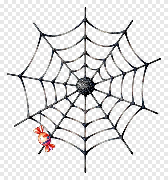A watercolor-style spiderweb with a candy hanging from it.