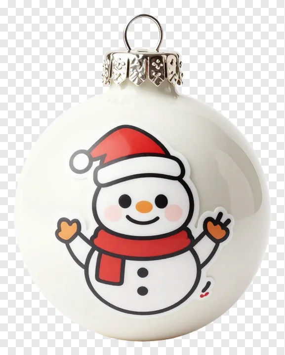 A white ceramic Christmas ornament with a cartoon snowman design.