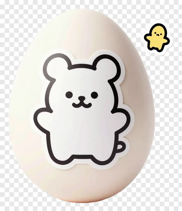 A white egg decorated with a bear sticker and a small ghost sticker.
