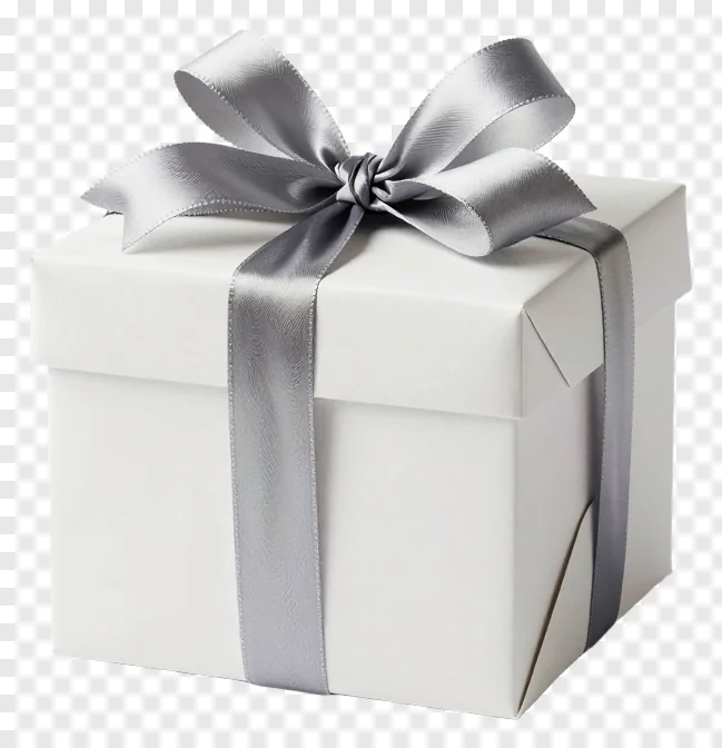 White gift box adorned with a silver bow.